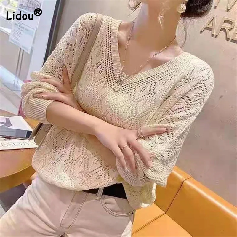 Купи 2022 Spring Summer Women's Clothing V-Neck Hook Flower Hollow Out Knitted Loose Long Sleeve Tops Casual Solid Color Thin Sweater за 867 рублей в магазине AliExpress