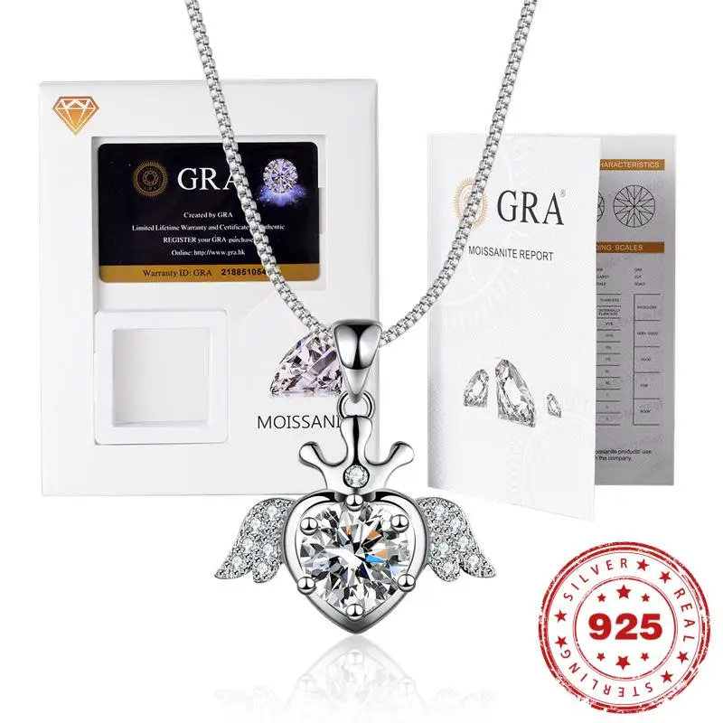 

1CT D Color VVS Moissanite Necklace For Women Jewelry Fashion Angel Wings Clavicle Chain White Gold Pendant For Girls Gift