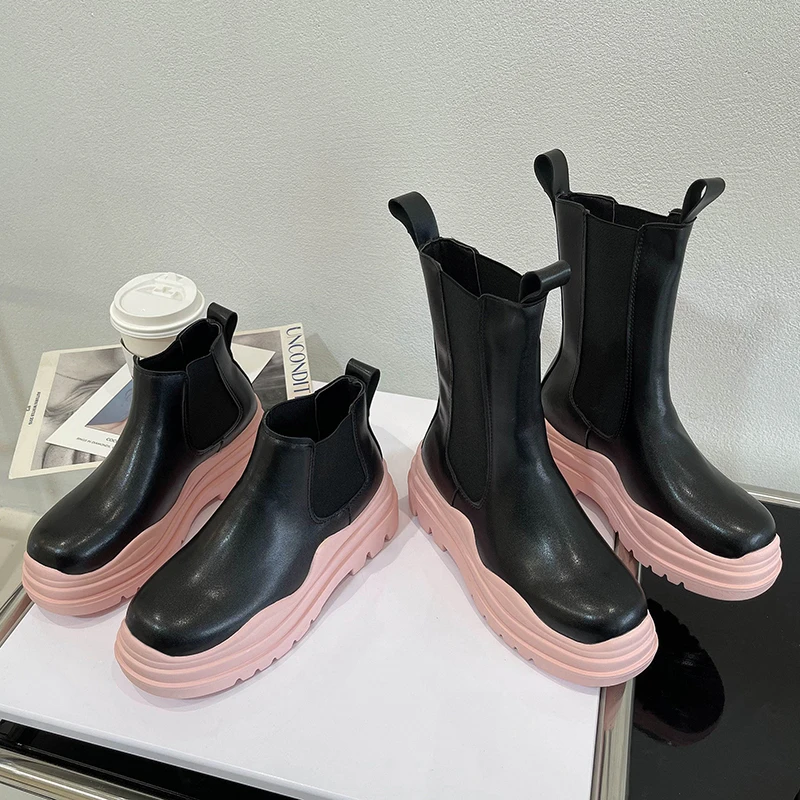 

Fashion Lemon Green Platform Women Short Boots Slim Thick Sole Leather Chelsea Boots New Mixed Color Height Increase Botas