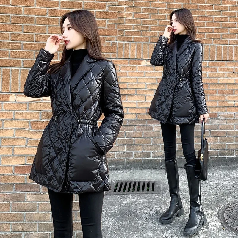 

Black Down Cotton Jacket Women Parkas 2023 Winter Fashion Waisted Mid-Length Shiny Lapel Thick Warm Coats Office Ladies Outwear