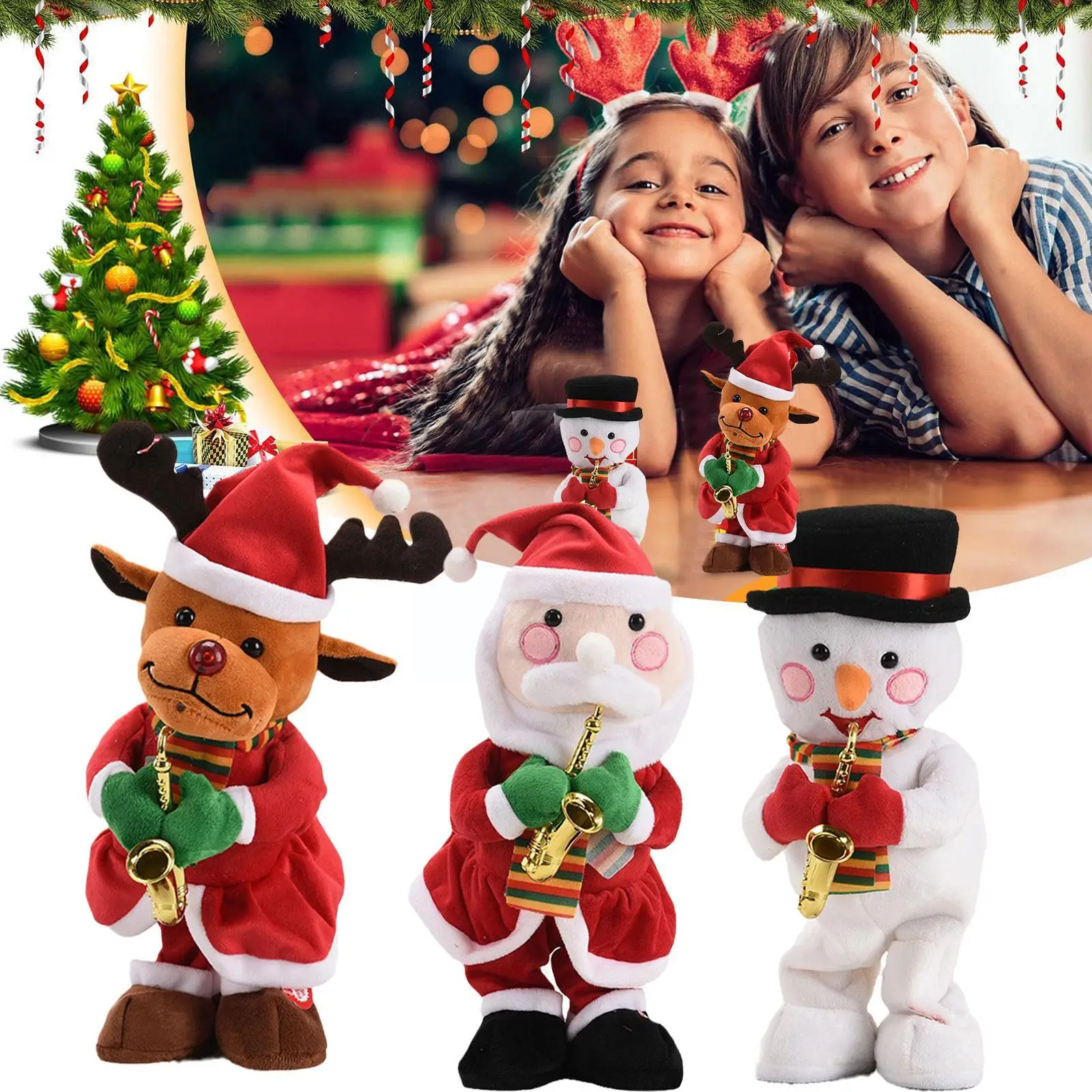 Рождественские электрические мягкие игрушки Санты с саксофоном, танцующий снеговик, могут петь и крутиться, креативные подарки на вечеринки для детей J0S8.