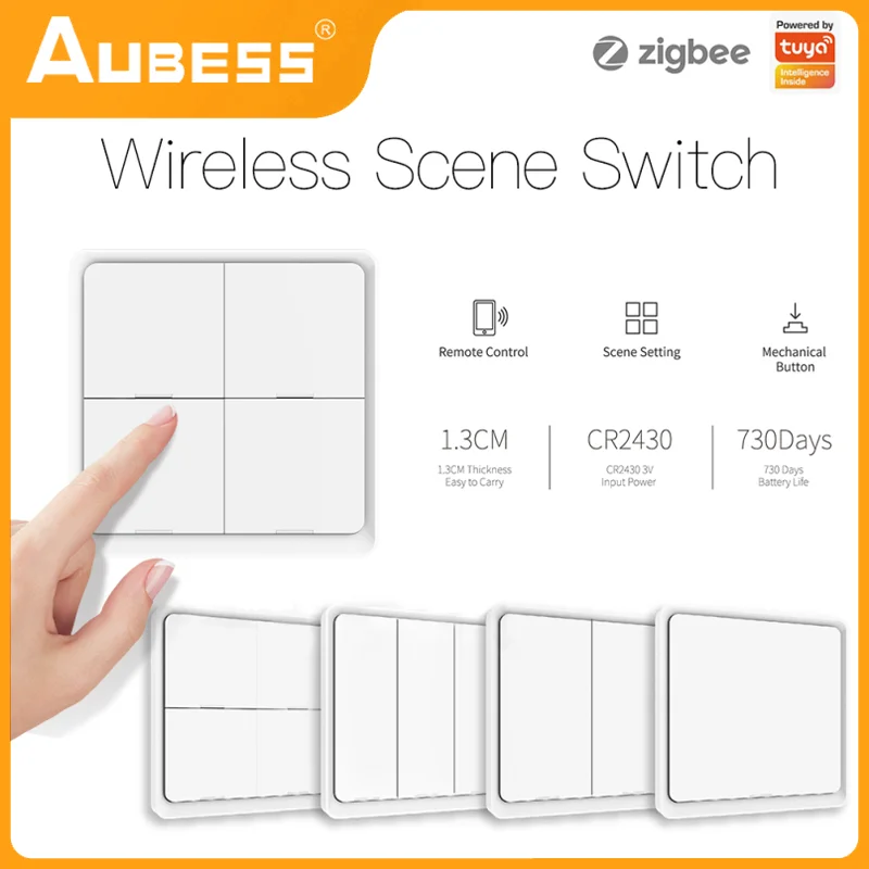 

Новый умный беспроводной переключатель Tuya ZigBee, наклейка с 4-сторонней панелью, контроллер для сцены, настенный высветильник ель света, работ...