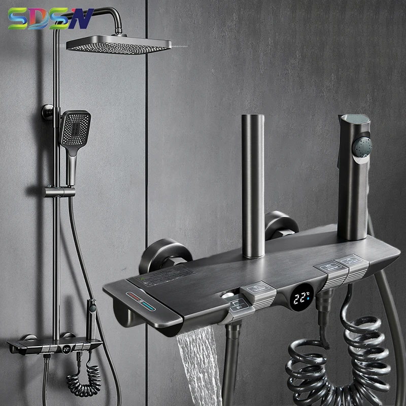 

Piano Digital Shower Set of Brass Bathroom Faucets Hot Cold Waterfall Mixer Tap Luxury Gray Thermostatic Piano Shower System