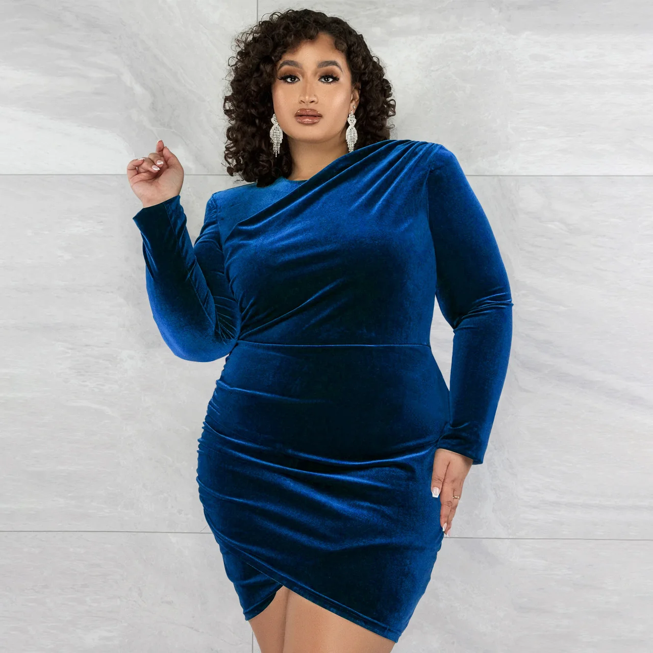 Women Plus Size Elegant Dresses 2023 Spring Casual Solid Color Pleated Daily Large Size Dress Fashion Long Sleeve Party Dresses