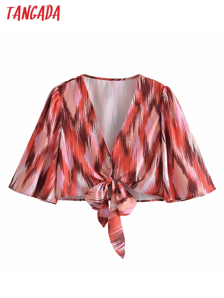 

Женский топ с бантом и коротким рукавом, в стиле ретро