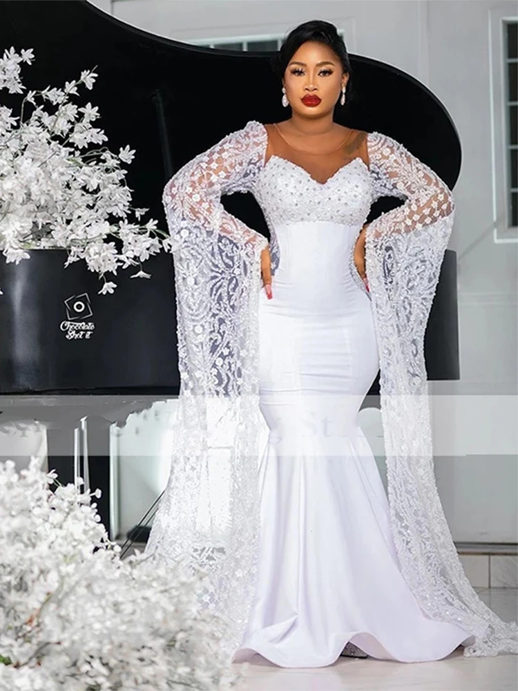 

2022 Свадебные платья с вырезом лодочкой и юбкой-годе с длинными рукавами женское элегантное атласное платье со шлейфом