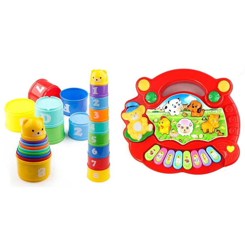 

1 Pcs Animal Farm Piano Music Developmental Toys Baby Musical Instrument & 1 Set Letters Foldind Stack Cup Tower