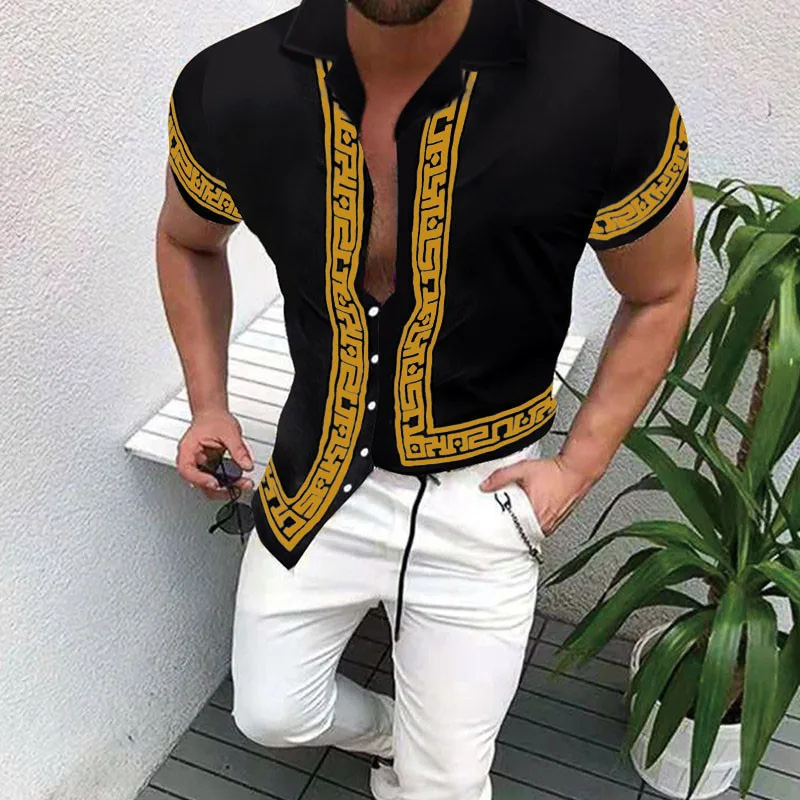 

2023 Nation Style Summer Man Shirt Ethnic Printed Stand Collar Stripe Short Sleeve Loose Hawaiian Henley Casual Shirt C17