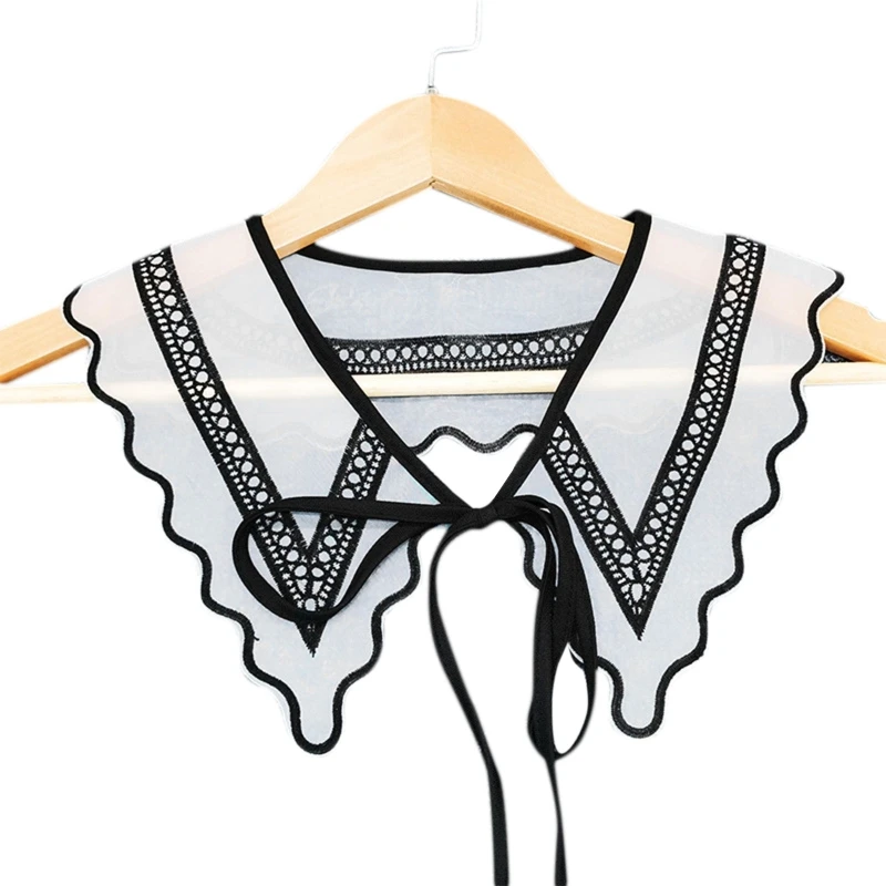 

Women Black White Contrast Color Organza Faux Collar Shawl Exquisite Embroidery Geometric Pattern Wavy Trim Scarf Drop shipping