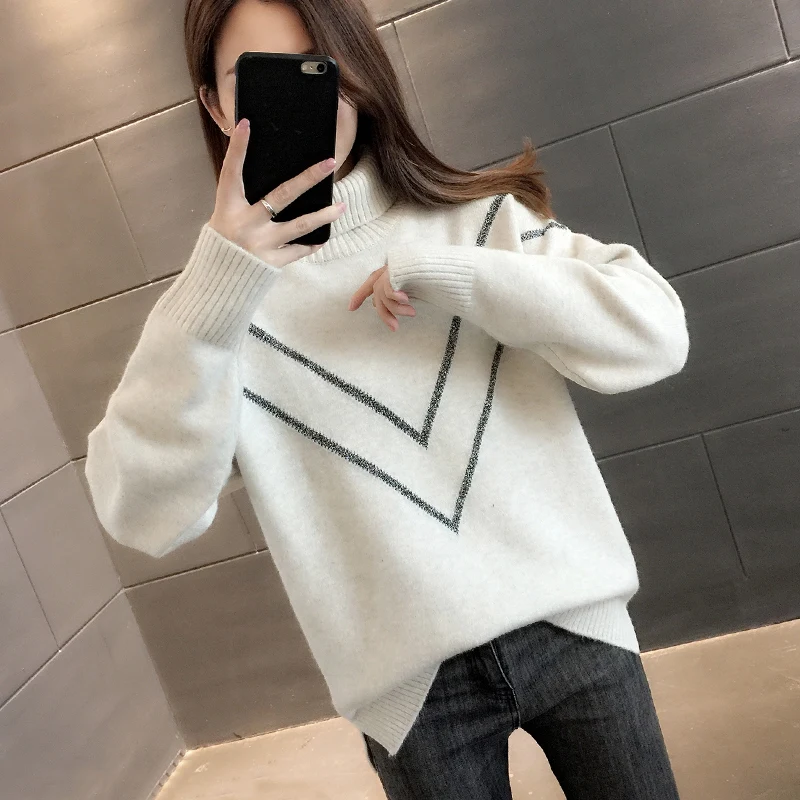 

Sweater female 2021 autumn and winter new knitted pullover sexy pile of collar women's White