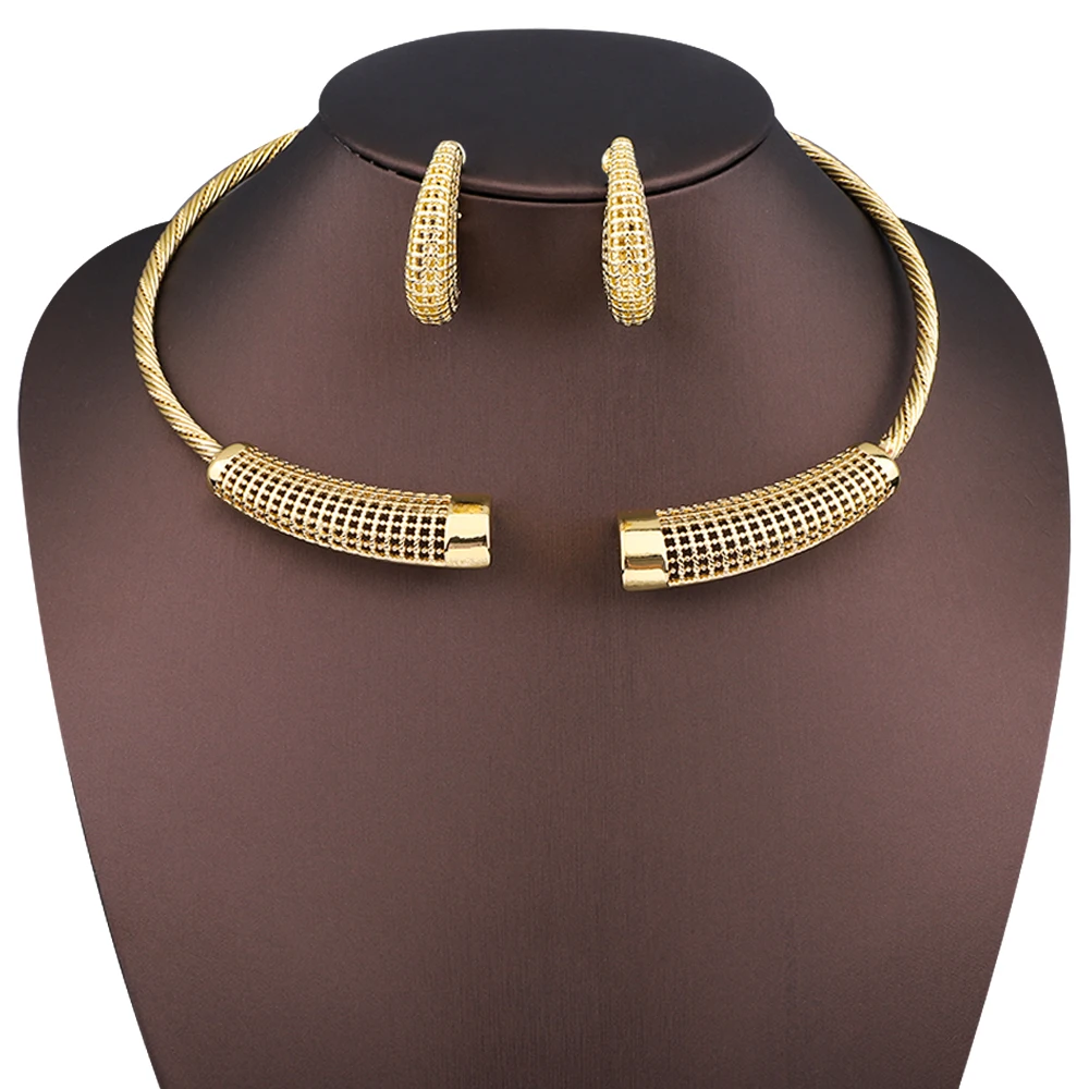 

Luxury Gold Plated Hollow Design Twist Cuff Necklace Earring Jewelry Set Dubai African Ethiopians Women Wedding Party Gifts