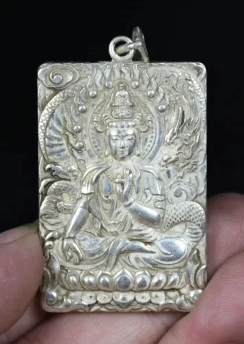 5 см старый китайский Мяо серебряный фэн-шуй Гуань Инь Кван-инь дракон амулет