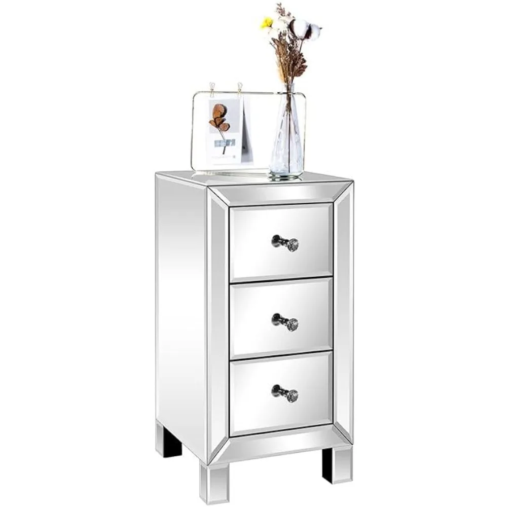 Nightstand, Modern Bedside, 3-Drawer Mirrored End Table with Crystal Style Knobs for Bedroom