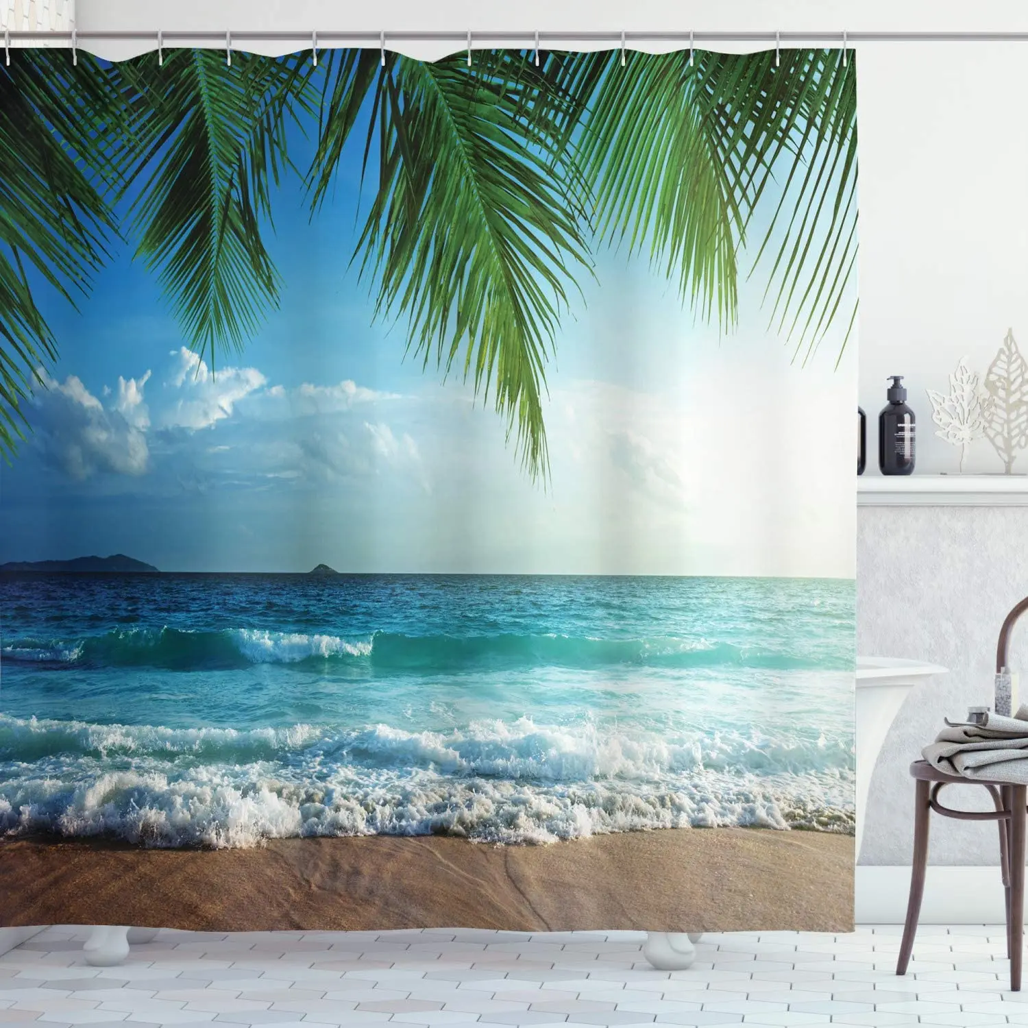 

Palms Ocean Tropical Island Beach Decor Maldives Photography Home Bathroom Decor Leisure Traveler Explorer Print Shower Curtain
