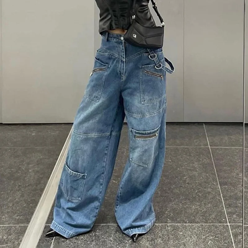 

Женские прямые джинсы в уличном стиле, Модные свободные длинные джинсовые брюки с карманами, весна-осень