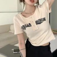 vintage street summer short sleeve t shirts round neck buttons letters patterns harajuku sexy crop tops womens casual t shirts