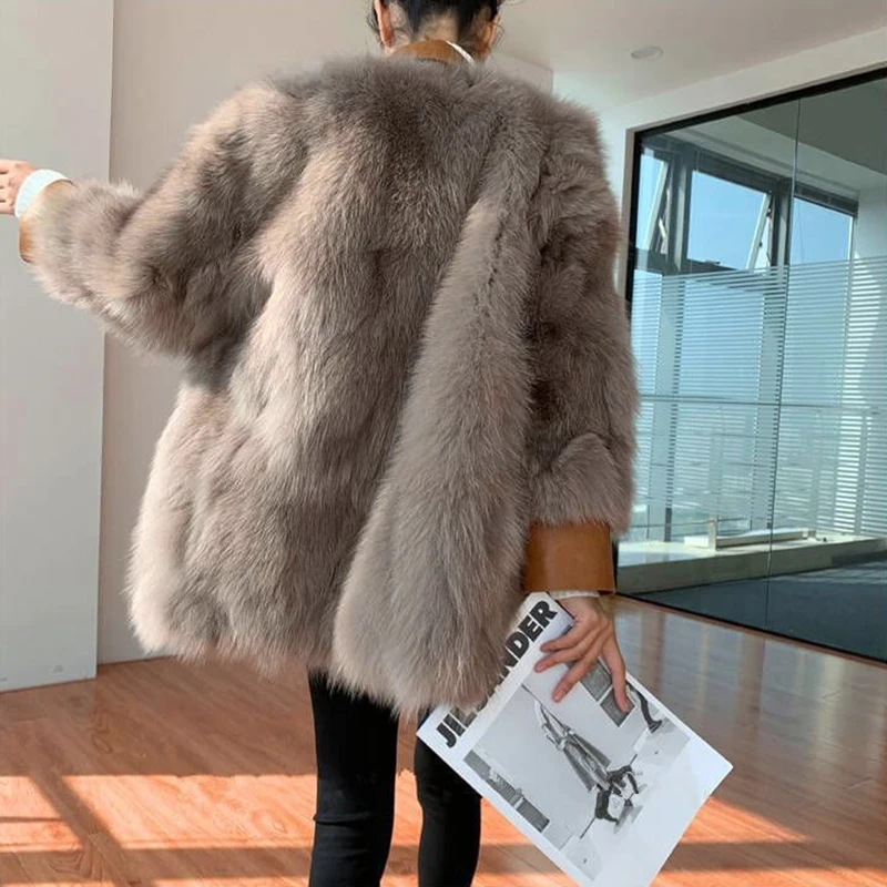 Luxury Vintage Women's Winter Fox Fur Coat Faux Leather Suit Collar rabit fur faux Warm Fur Jacket Sexy Streetwear Overcoat Girl