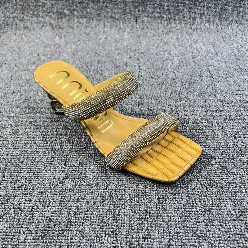 Xibeilove 2023 Summer New Women's Luxury Square Head Rhinestone Crystal High Heel Slippers Sandals Party Wedding Shoes