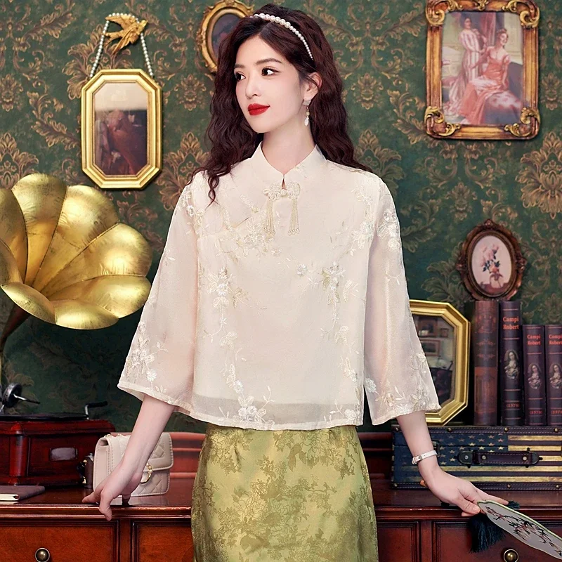 Женская блузка с цветочной вышивкой в китайском стиле