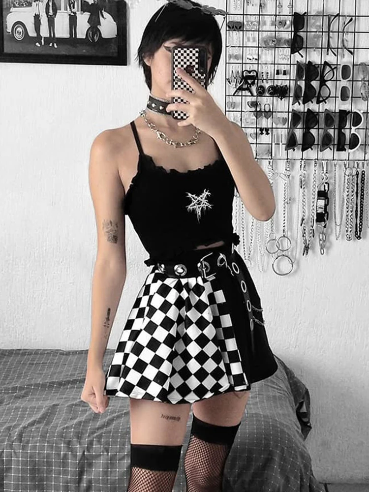 AltGoth Harajuku Punk Gothic Skirt Women Y2k E-girl Emo Alt Retro Plaid Patchwork High Waist Skirt Mall Goth Aesthteic Clubwear