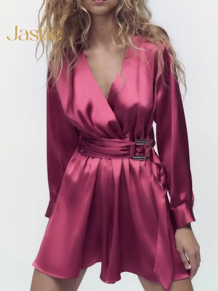 

Jastie Spring Belt Women Rompers Casual Wide-leg Shorts Long Sleeve V-neck Solid Jumpsuits Fashion Beach Pleated Buckle Playsuit