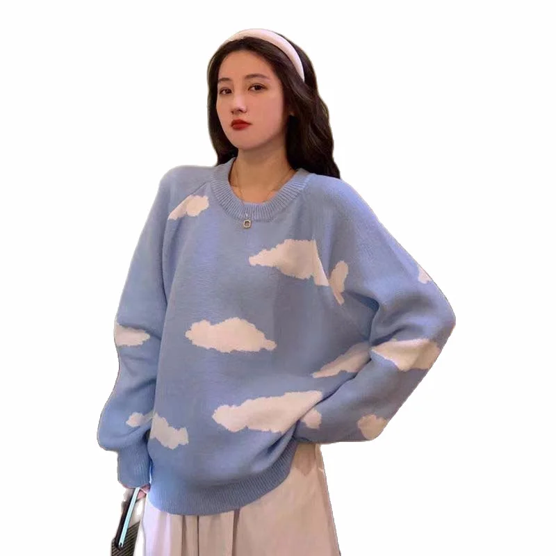 Свитер в Корейском стиле с круглым вырезом и изображением белого облака