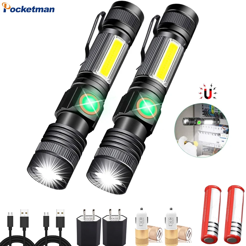 

Magnetic LED Flashlight USB Rechargeable Super Bright LED Torch with Cob Sidelight A Pocket Clip Zoomable for Camping