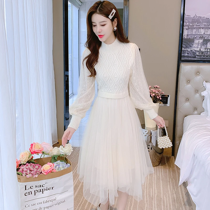 

Трикотажное платье, Сетчатое вязаное платье в стиле пэчворк, весенне-Зимние Повседневные платья для женщин, новинка 2022, длинное платье выше ...