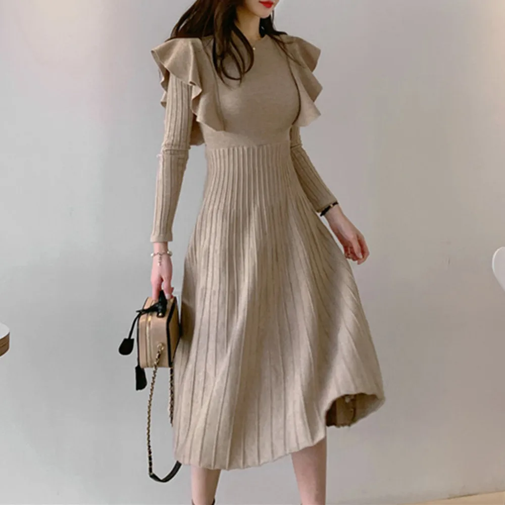 

Женское длинное трикотажное платье-свитер, элегантное винтажное плотное трикотажное платье с круглым вырезом и оборками, тонкое базовое пл...