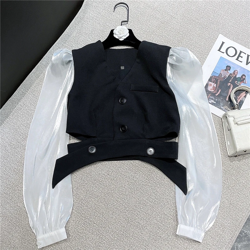 

Korea 2022 Spring New Fashion Women's High Street Black White Spliced Single Breasted Shirt Solid Color Slim Casual Tops