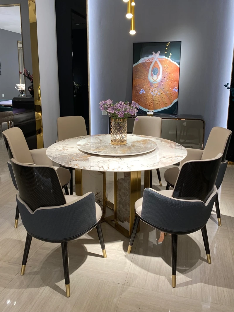 

Italian marble table high-end villa home stainless steel dining table and chair combination of modern light luxury round table