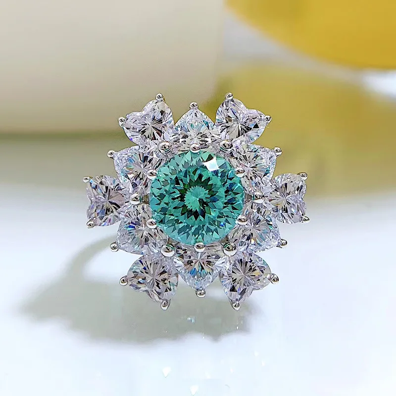 

Jewelry 2022 New 925 Silver Paraiba Color 9mm Fireworks Cut High Carbon Diamond Women's Ring