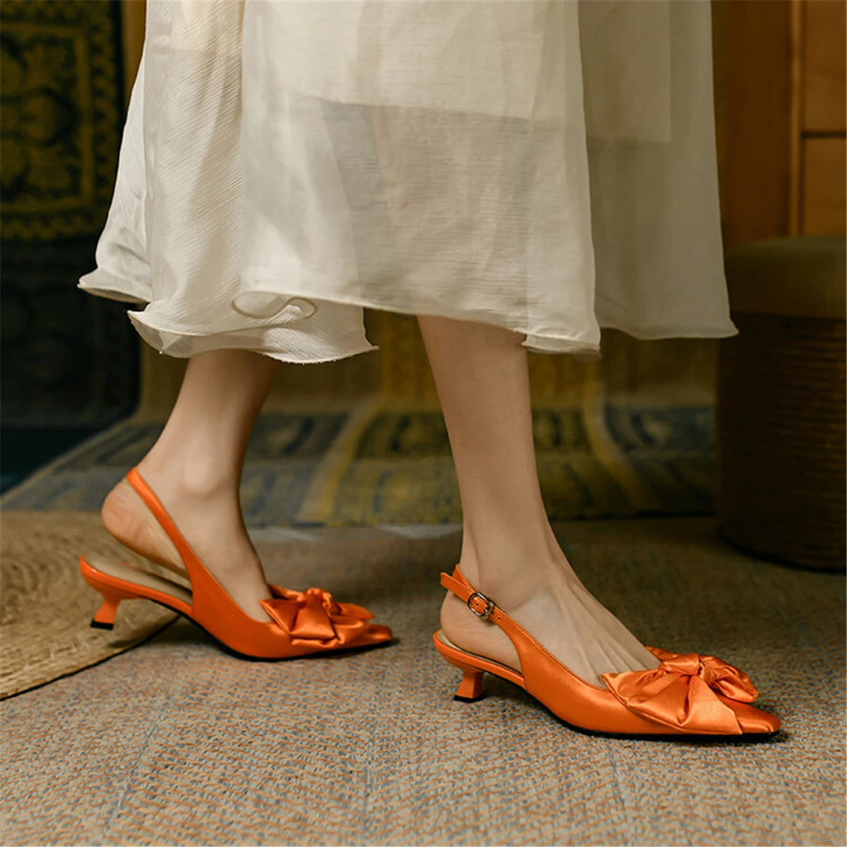 

kmeioo dress shoes woman bowtie slingback pumps pointed toe kitten heels soild sheepskin sandals for prom