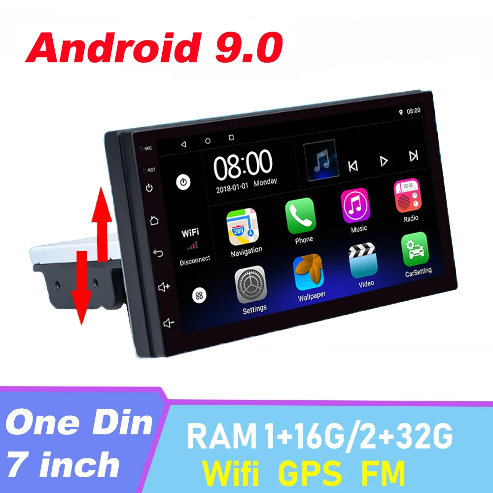 1 DIN 7 Inch Adjustable Universal Car Stereo Radio Android 9 Touch Screen 1080P FM Quad-Core GPS Navigation Universal autoradio