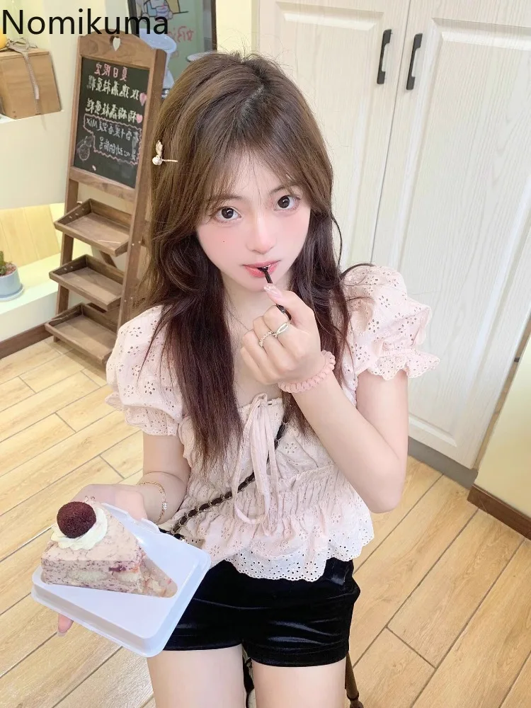 Блузка женская с квадратным вырезом милая туника рукавами-фонариками