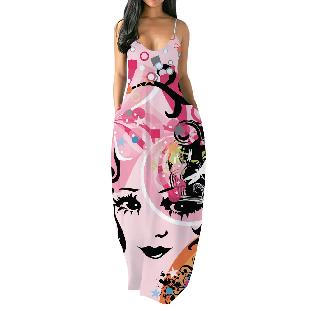 

2022 New Ladies 3D Printing Loose Long Dress Ladies Round Neck Sleeveless Sling Pocket Summer Sexy Dress
