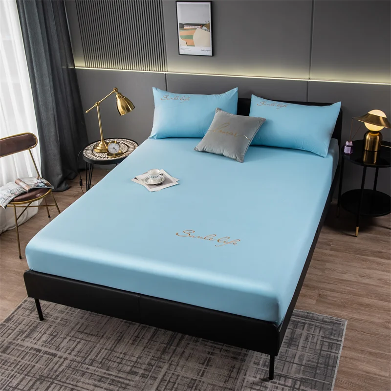 

Embroidery Waterproof Fitted Sheet With Elastic Band Mattress Cover Single Double King Size Bed Sheet 140x190 Fitted Cover Sheet