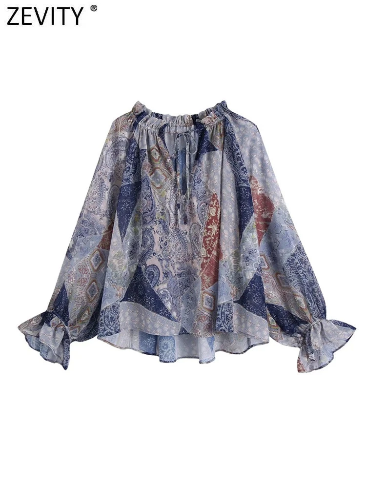 

Zevity Женская винтажная тканевая Лоскутная Свободная блузка с принтом и оборками, женские шикарные ретро рубашки на шнуровке, блузы, топы LS10082