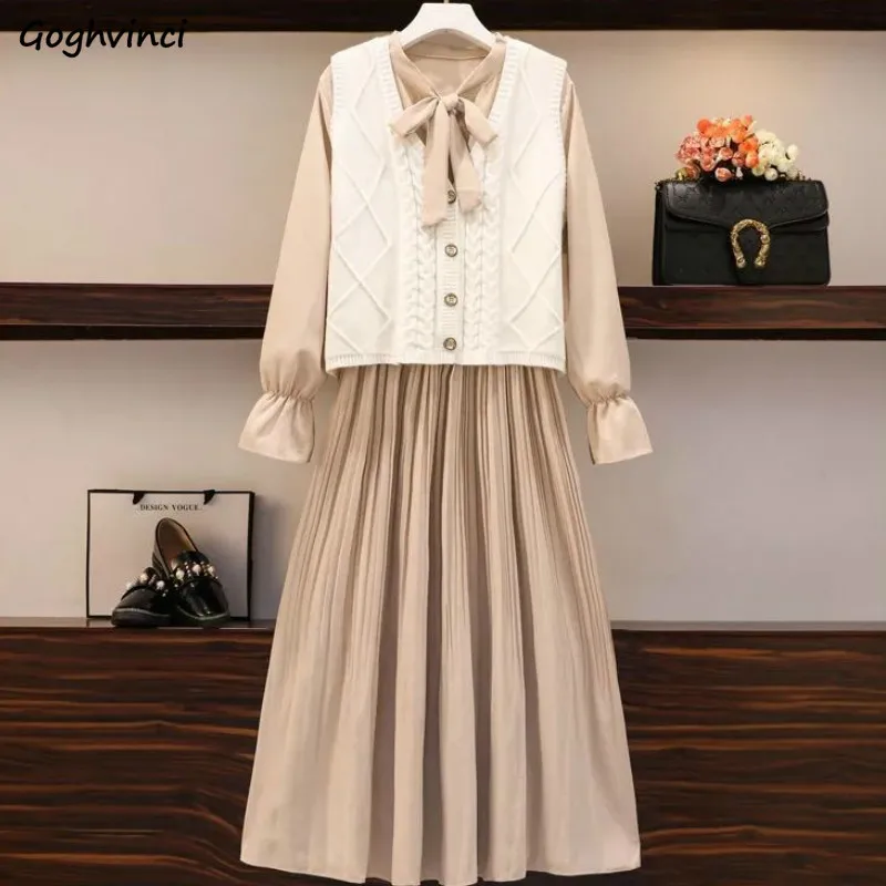 Women Sets 2 Piece Ulzzang Ins 3XL V-neck Knitted Vest Bow Elastic High Waist A-line Long Sleeve Dress Preppy Korean Chic Casual