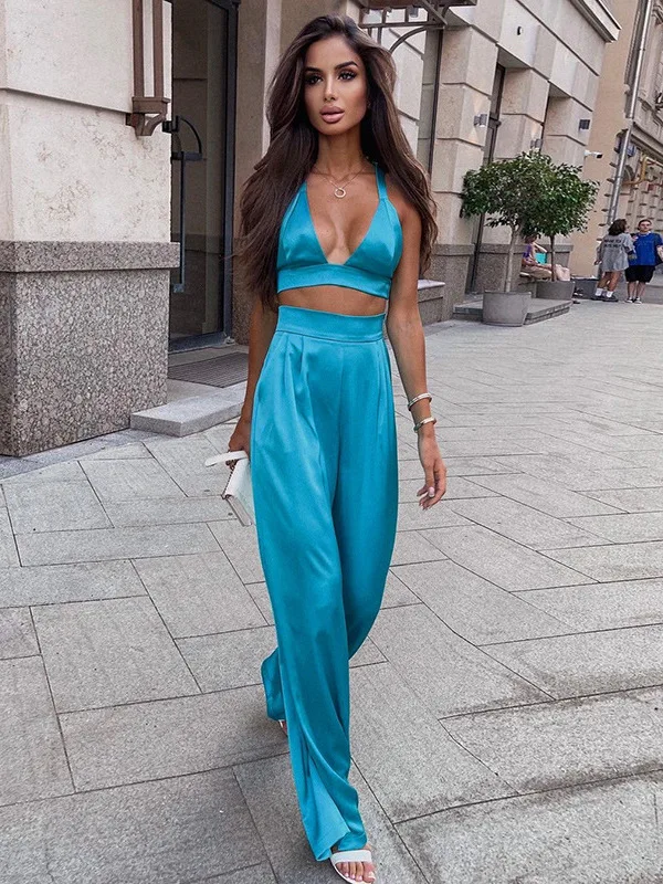 

Elegant Casual Two Piece Set Women Silky Bandage Tank Tops+Wide Leg Pants Loose High Street Matching Outfit Trend Wearing
