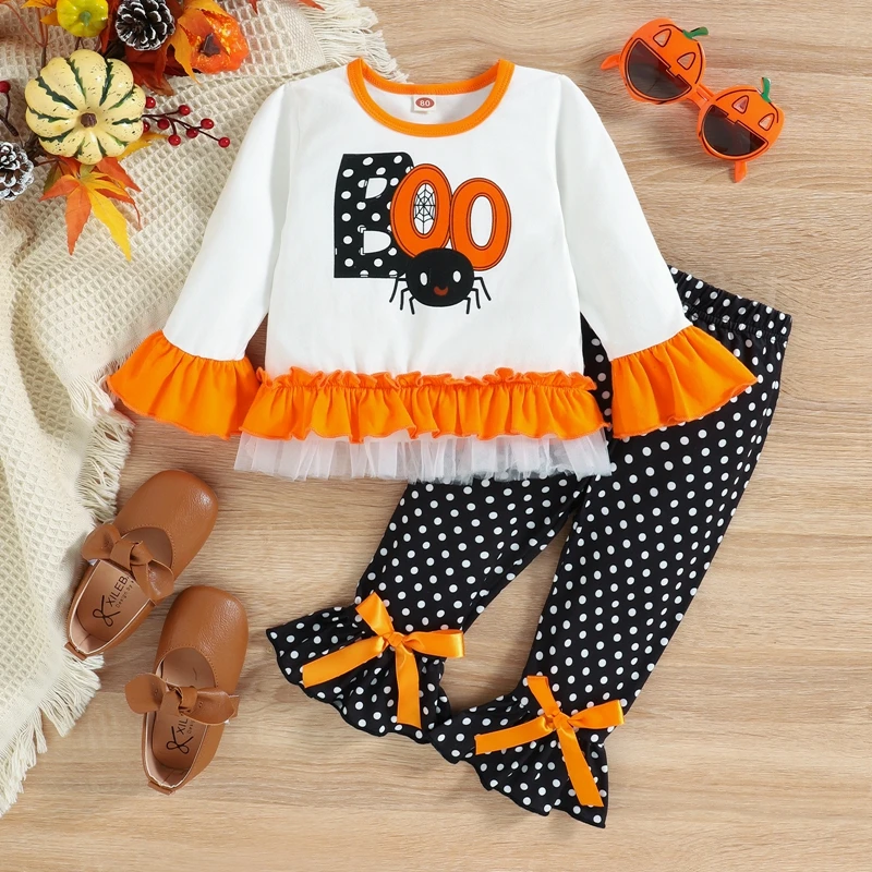 

Toddler Baby Girls Halloween Outfit Embroidery Long-Sleeve Ruffle T-Shirt Dots Bell-Bottoms Set for Kids 9 Months to 4 Years