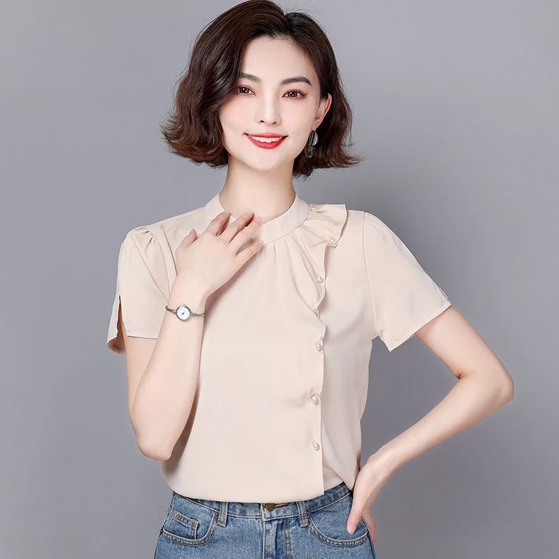 

Unique Design 2022 Summer Casual Chiffon Shirts Korean Fashion Clothes For Women Apricot Office Ladies Tops Pullover O-Neck Tees