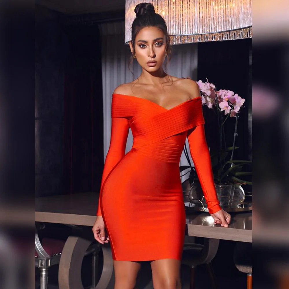 

Elegant Red Women Long Sleeve Bodycon Bandage Dress Vestidos Para Mujer Birthday Evening Cocktail Party Formal Occasion Dresses