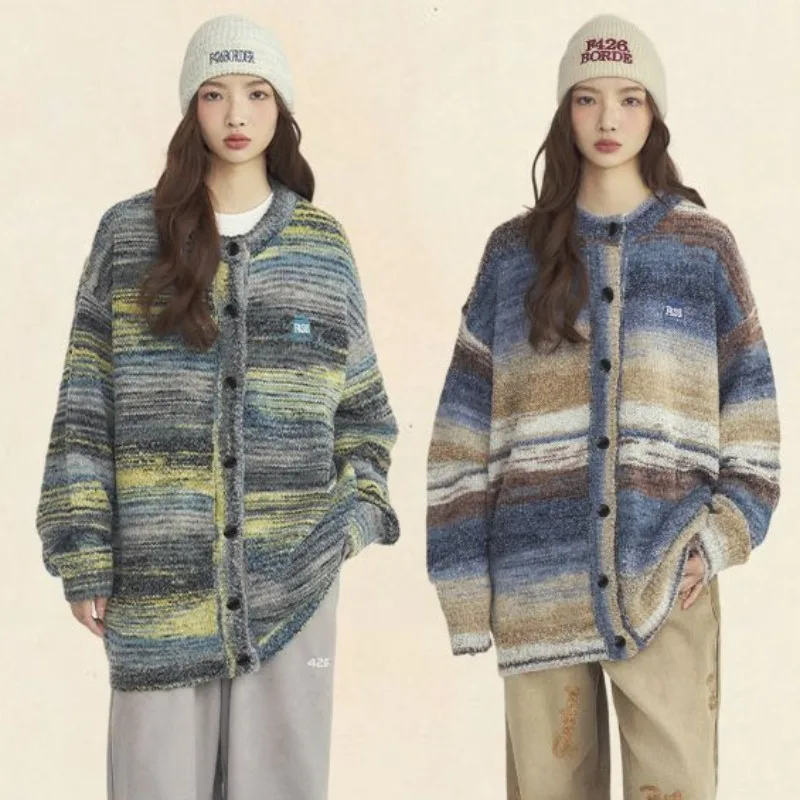 

Autumn Fashion Oil Painting Print Loose Sweater Jacket Spring 2023 New Korean Couple Knitted Cardigan Y2k Oversize Sweater Woman