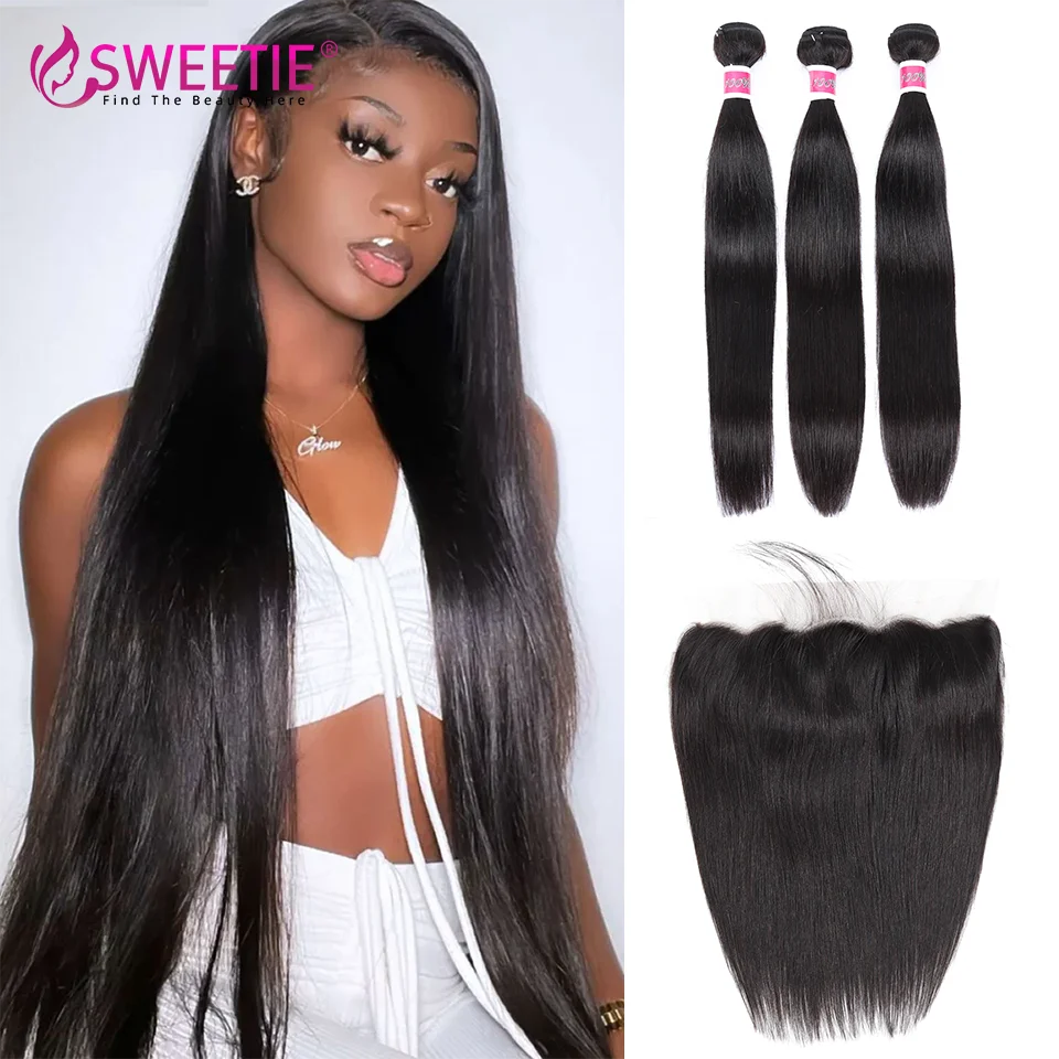 Sweetie 30 32inch Straight Brazilian Human Hair Weave Bundles With Frontal Human Hair Bundles With Closure Remy Hair Extension