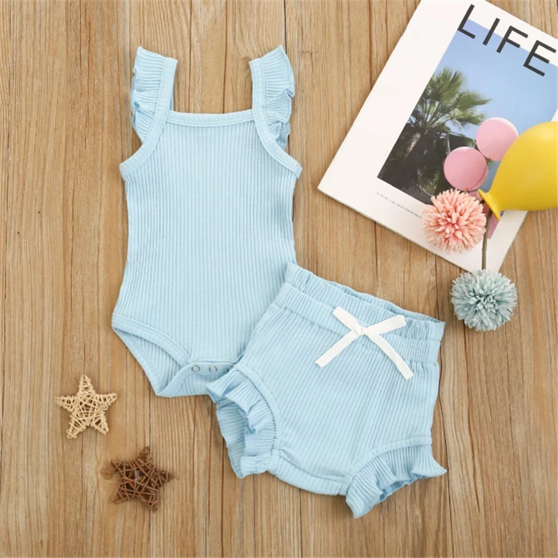 

0-18M Summer Lovely Baby Girls Boys Clothes Sets Solid Knit Ruffles Sleeve Bodysuit Tops Shorts 2pcs Clothes