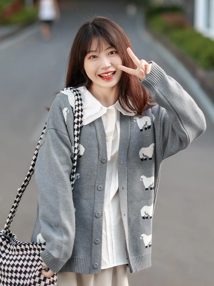 

Harajuku Cartoon Sheep Embroidery Knit Casual Women Cardigan 2022 Autumn Vintage Full Sleeve Sweety Daily Top
