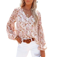 womans round v neck lantern sleeve floral lined chiffon patchwork shirt for summer
