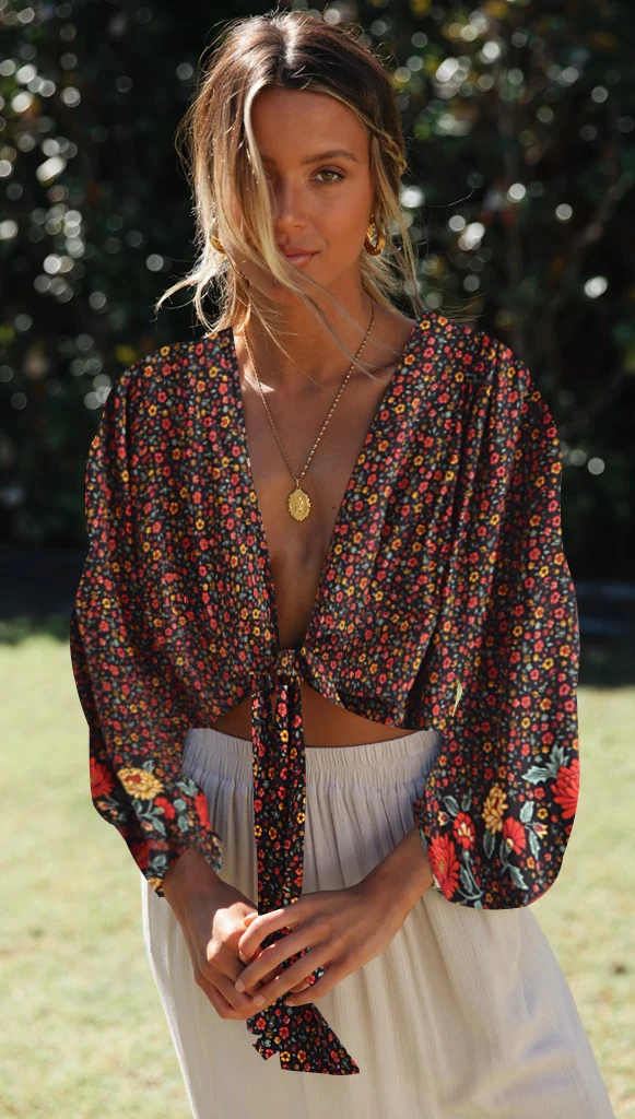 Винтажные шикарные женские черные богемные блузки из вискозы с цветочным