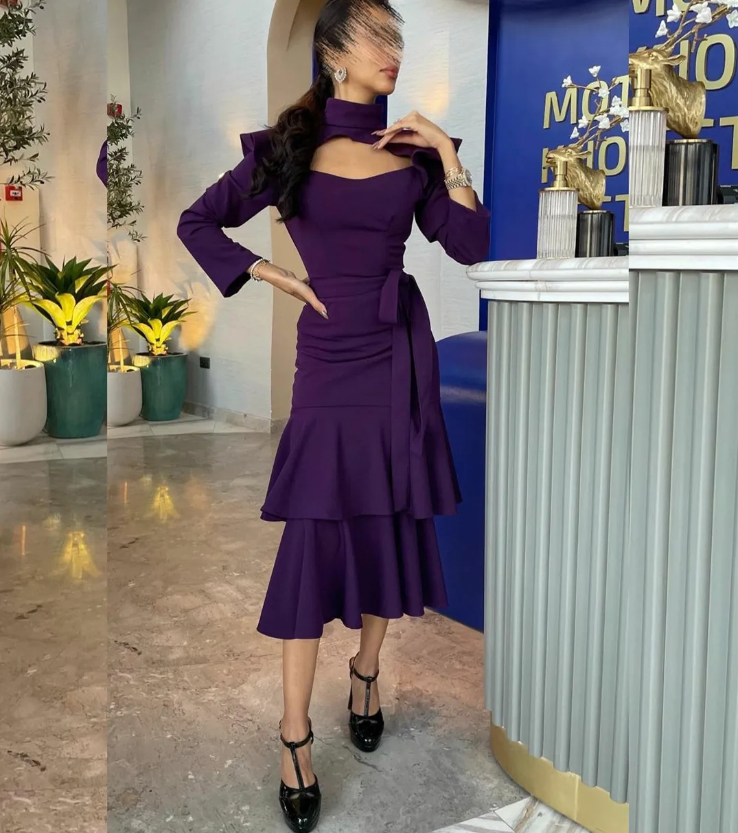 

Keyhole High Collar Prom Dresses Long Sleeves Saudi Arabia Women Wear Tiered Mermaid Evening Party Formal Gown with Sash Vestido